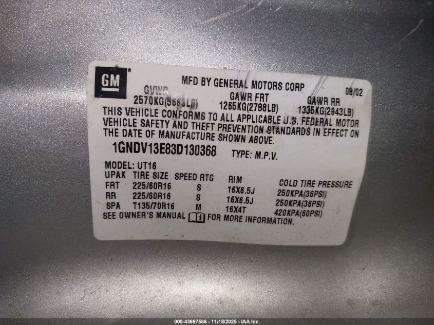 2003 Chevrolet Venture Warner Bros. Edition VIN: 1GNDV13E83D130368 Lot: 43697586