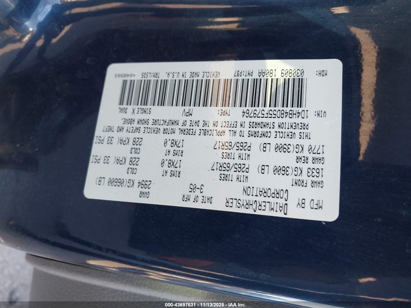 2005 Dodge Durango Slt VIN: 1D4HB48D55F579764 Lot: 43697631