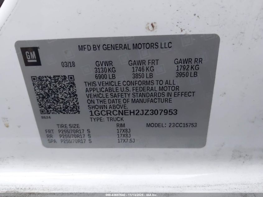 2018 Chevrolet Silverado 1500 Wt VIN: 1GCRCNEH2JZ307953 Lot: 43697640