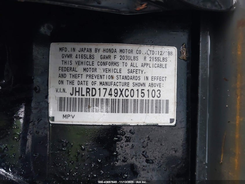 1999 Honda Cr-V Lx VIN: JHLRD1749XC015103 Lot: 43697649
