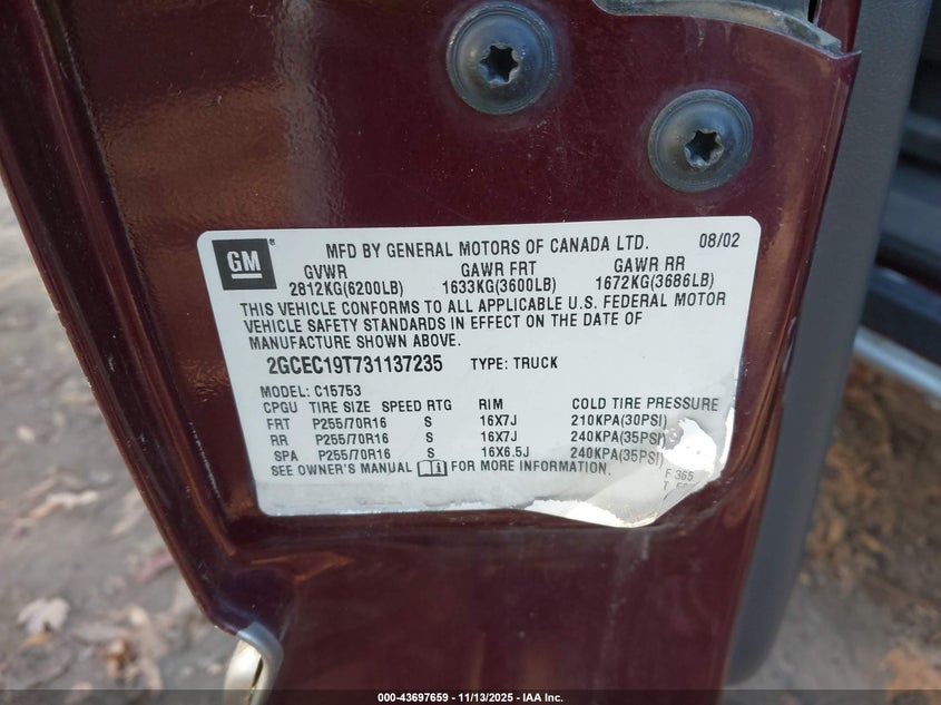 2003 Chevrolet Silverado 1500 Ls VIN: 2GCEC19T731137235 Lot: 43697659