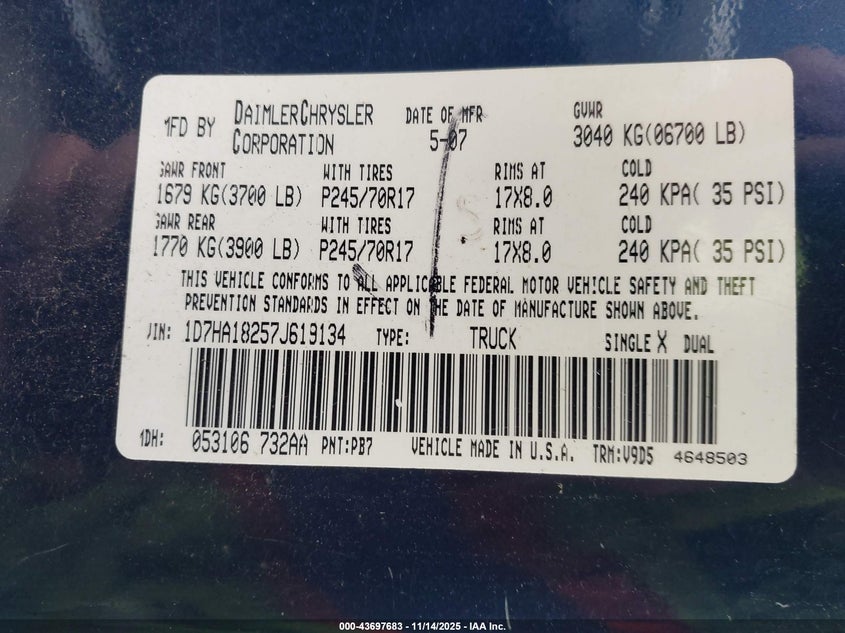 2007 Dodge Ram 1500 Slt VIN: 1D7HA18257J619134 Lot: 43697683