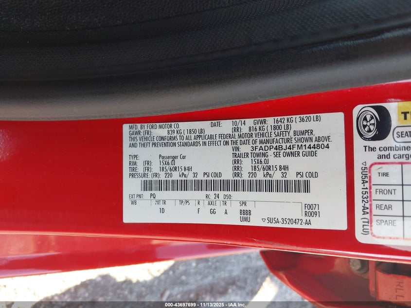 2015 Ford Fiesta Se VIN: 3FADP4BJ4FM144804 Lot: 43697699