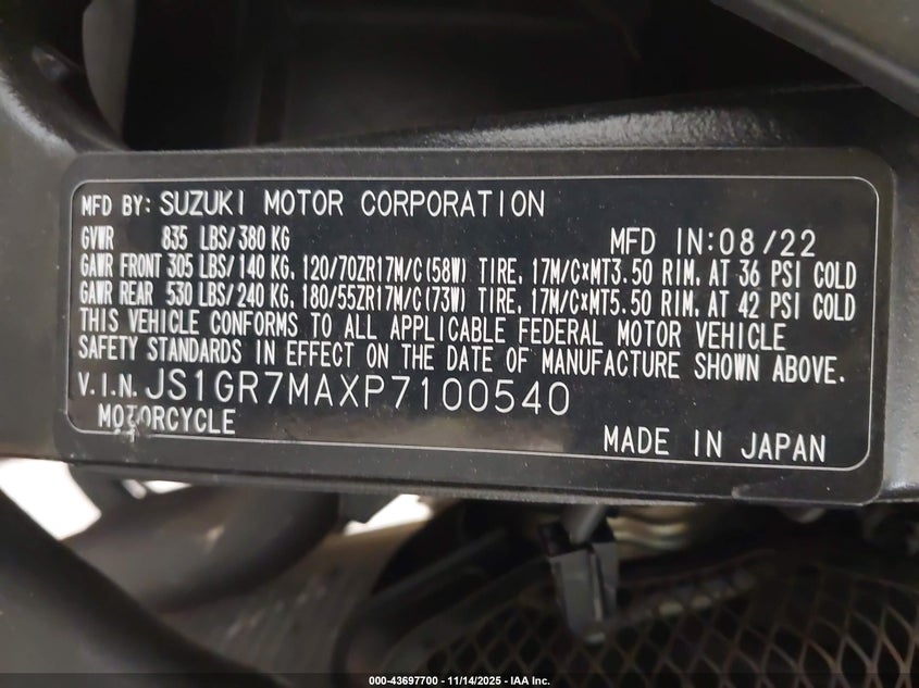 2023 Suzuki Gsx-R750 VIN: JS1GR7MAXP7100540 Lot: 43697700