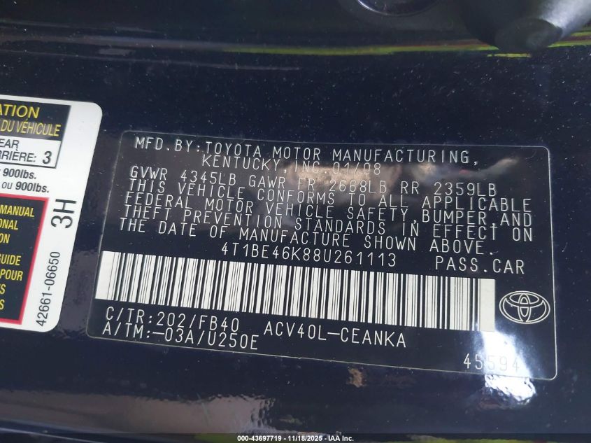 2008 Toyota Camry Le VIN: 4T1BE46K88U261113 Lot: 43697719