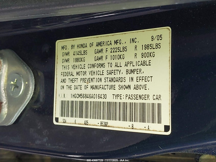 1HGCM56846A016430 2006 HONDA ACCORD photo no. 9