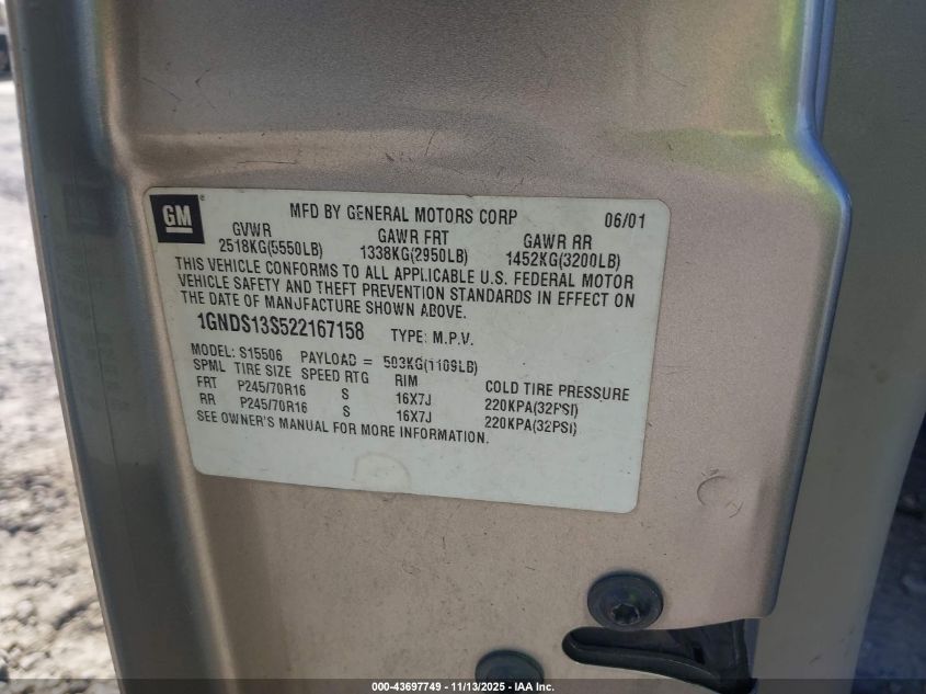 2002 Chevrolet Trailblazer Ls VIN: 1GNDS13S522167158 Lot: 43697749