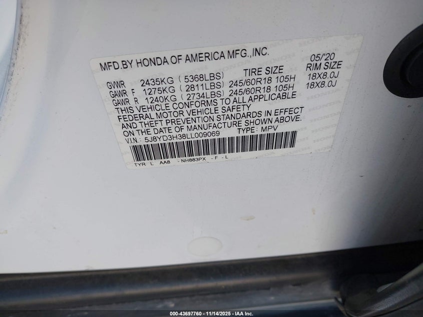 2020 Acura Mdx Standard VIN: 5J8YD3H38LL009069 Lot: 43697760