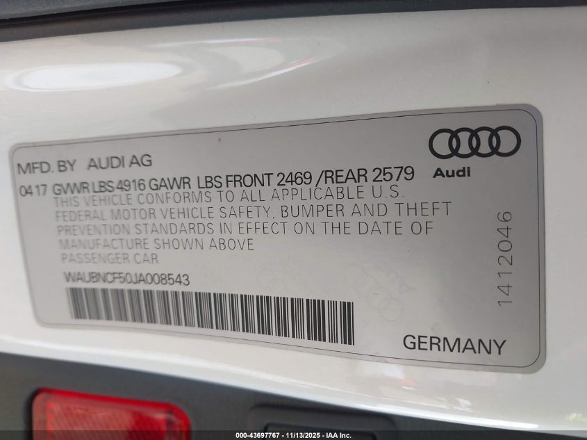2018 Audi A5 2.0T Premium VIN: WAUBNCF50JA008543 Lot: 43697767