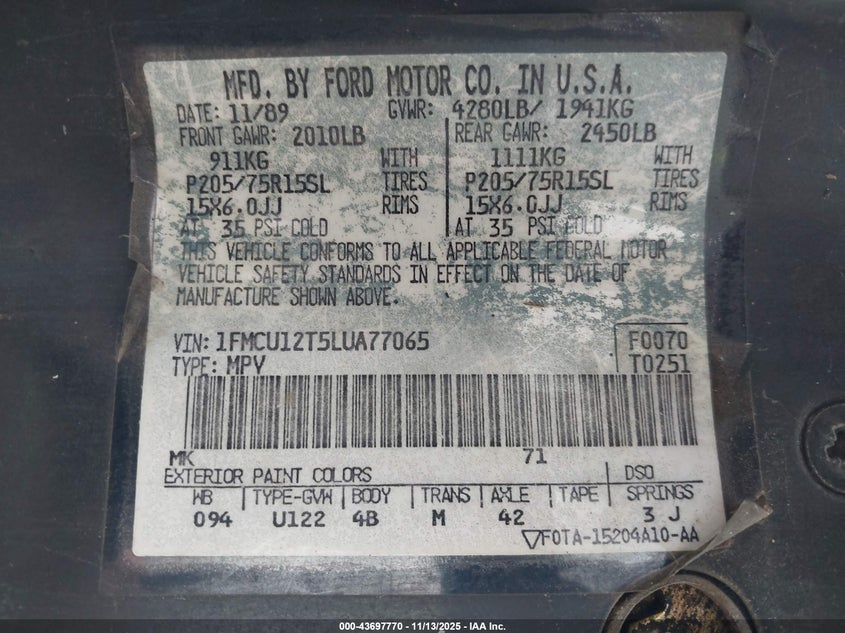 1FMCU12T5LUA77065 1990 FORD  photo no. 9