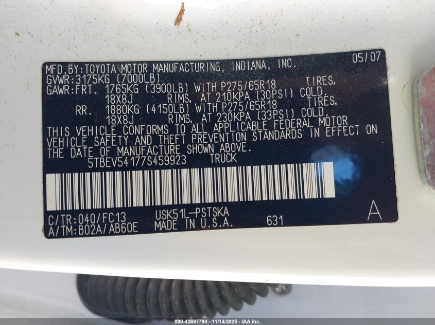 2007 Toyota Tundra Sr5 5.7L V8 VIN: 5TBEV54177S459923 Lot: 43697794