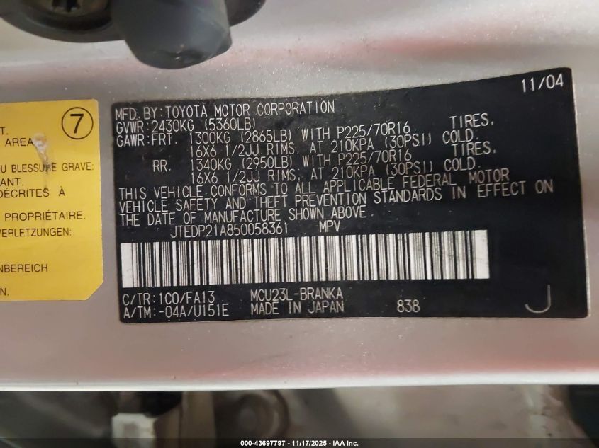 2005 Toyota Highlander V6 VIN: JTEDP21A850058361 Lot: 43697797