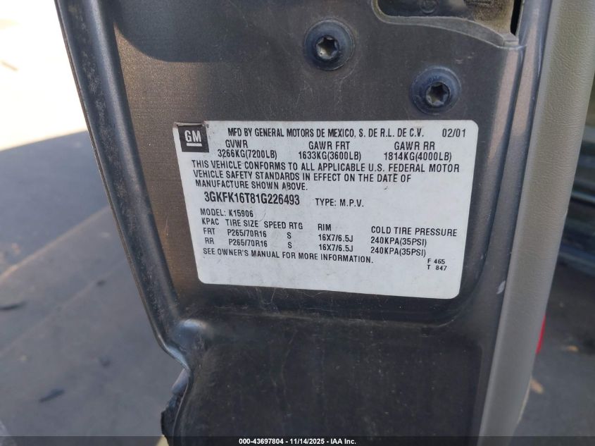 2001 GMC Yukon Xl 1500 Slt VIN: 3GKFK16T81G226493 Lot: 43697804