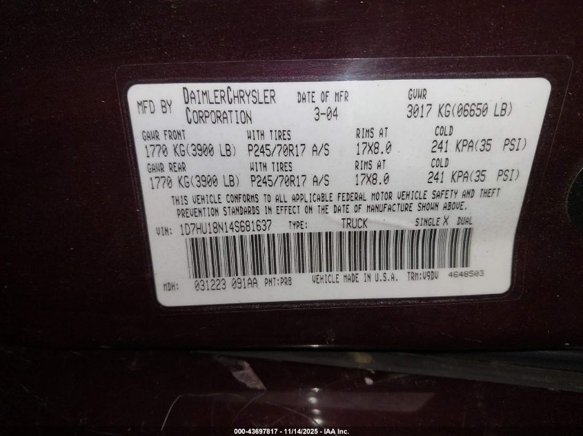 2004 Dodge Ram 1500 Slt/Laramie VIN: 1D7HU18N14S681637 Lot: 43697817