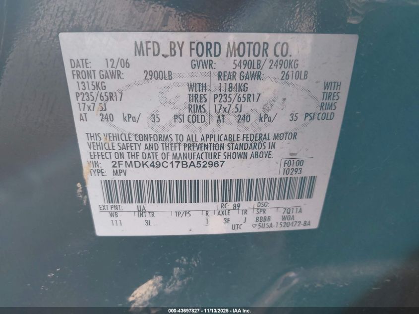 2007 Ford Edge Sel Plus VIN: 2FMDK49C17BA52967 Lot: 43697827