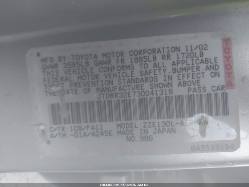 2003 Toyota Corolla Le VIN: JTDBR32E730041318 Lot: 43697829