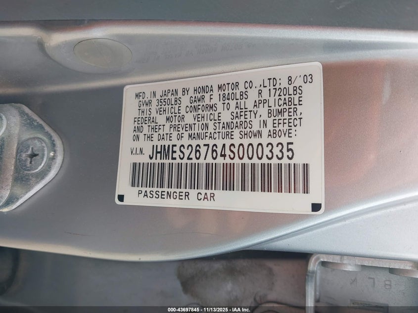 2004 Honda Civic Ex VIN: JHMES26764S000335 Lot: 43697845