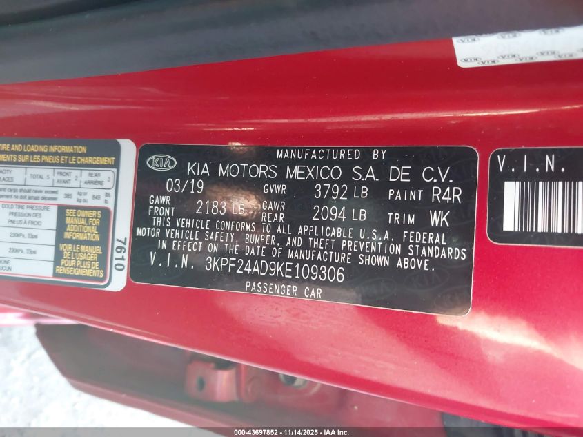 2019 Kia Forte Lxs VIN: 3KPF24AD9KE109306 Lot: 43697852