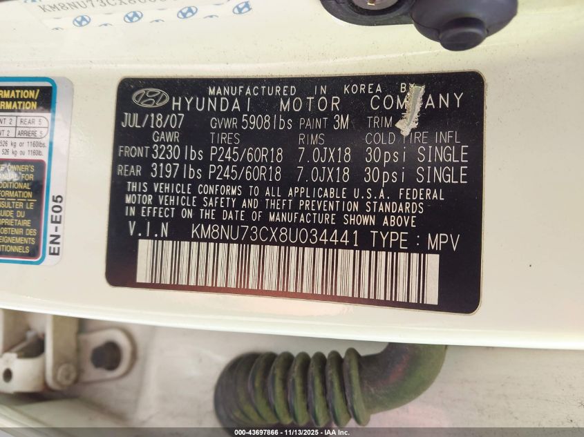 2008 Hyundai Veracruz Gls/Limited/Se VIN: KM8NU73CX8U034441 Lot: 43697866