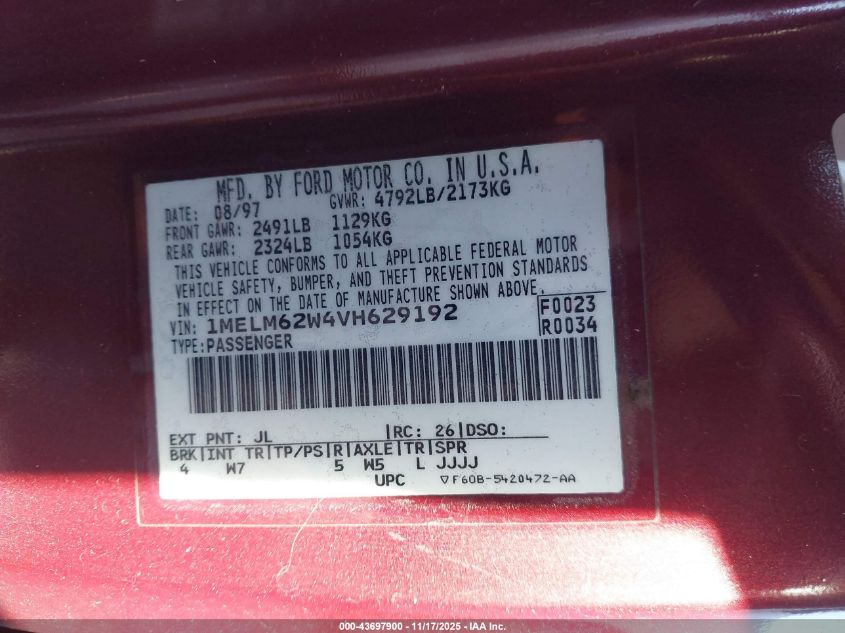 1997 Mercury Cougar Xr7 VIN: 1MELM62W4VH629192 Lot: 43697900