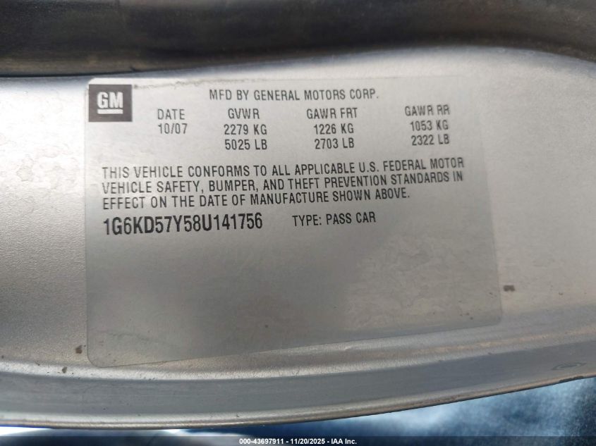 2008 Cadillac Dts 1Sc VIN: 1G6KD57Y58U141756 Lot: 43697911