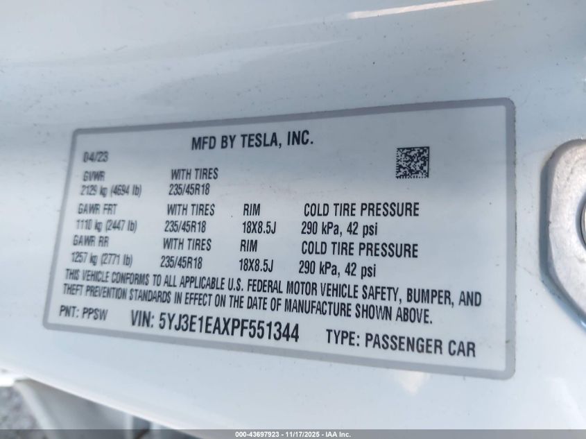 2023 Tesla Model 3 Rear-Wheel Drive VIN: 5YJ3E1EAXPF551344 Lot: 43697923