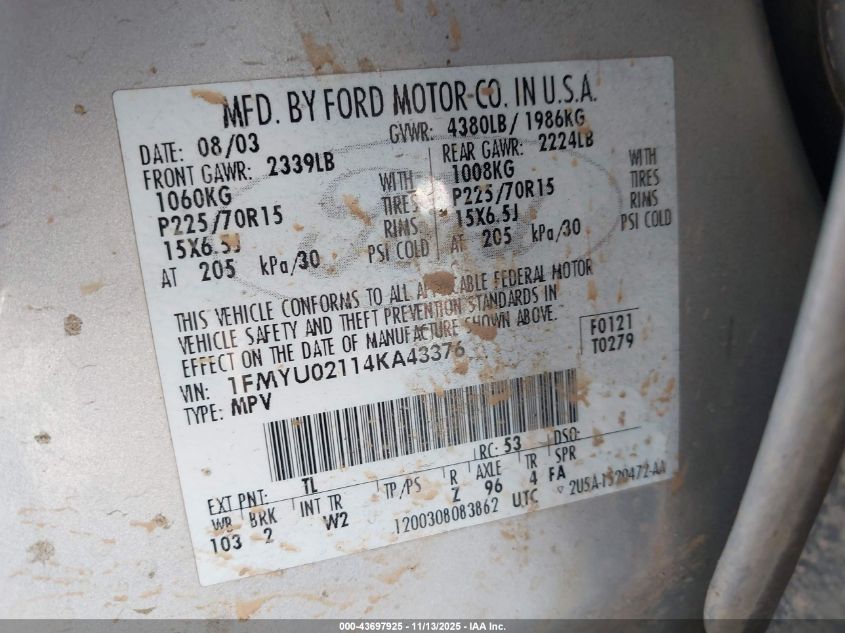 2004 Ford Escape Xls VIN: 1FMYU02114KA43376 Lot: 43697925