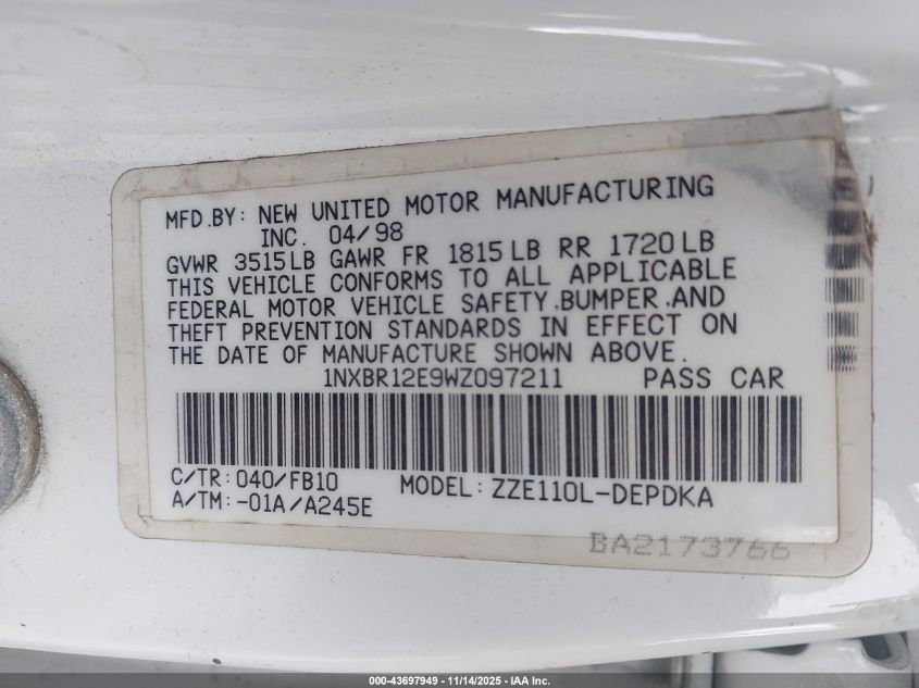 1998 Toyota Corolla Ce VIN: 1NXBR12E9WZ097211 Lot: 43697949