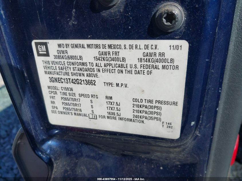 2002 Chevrolet Avalanche 1500 VIN: 3GNEC13T42G213662 Lot: 43697954