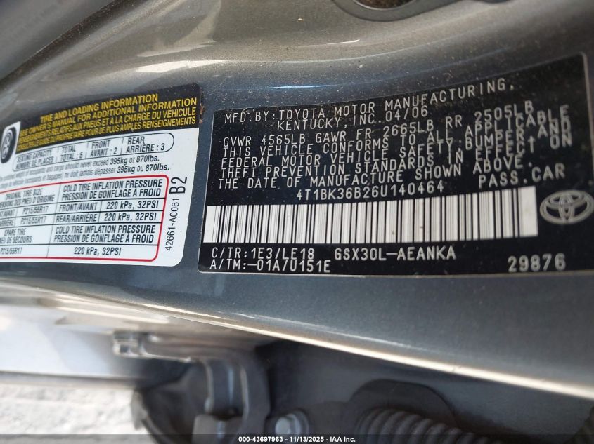 2006 Toyota Avalon Touring VIN: 4T1BK36B26U140464 Lot: 43697963