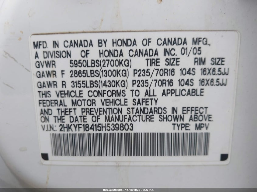 2005 Honda Pilot Ex VIN: 2HKYF18415H539803 Lot: 43698004