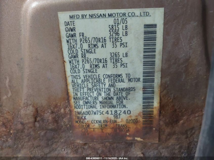 2005 Nissan Frontier Se VIN: 1N6AD07W75C418240 Lot: 43698011