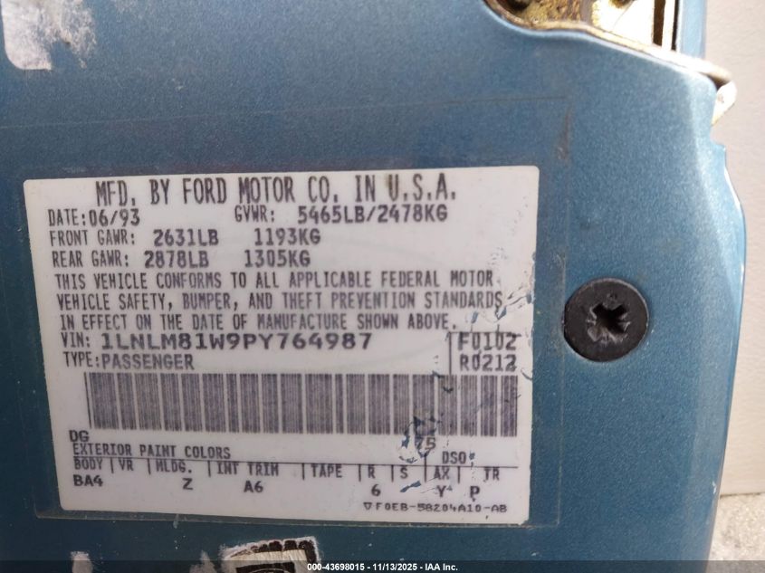 1993 Lincoln Town Car Executive VIN: 1LNLM81W9PY764987 Lot: 43698015