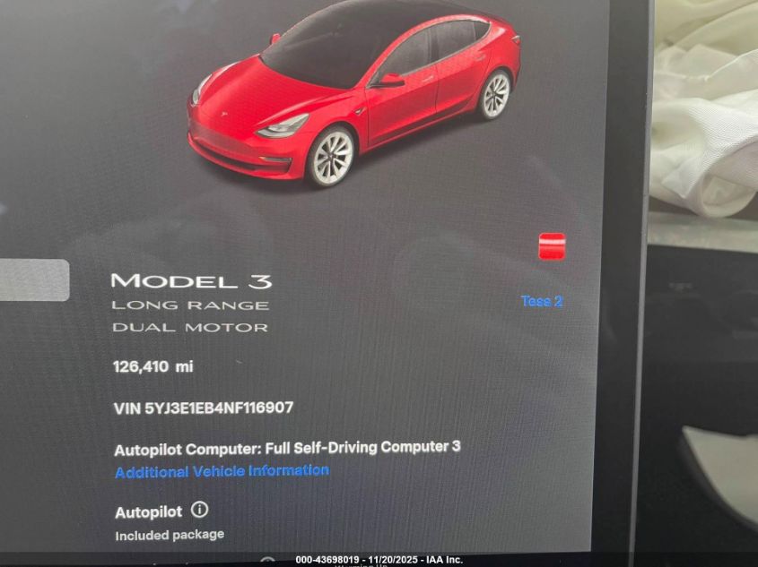 2022 Tesla Model 3 Long Range Dual Motor All-Wheel Drive VIN: 5YJ3E1EB4NF116907 Lot: 43698019