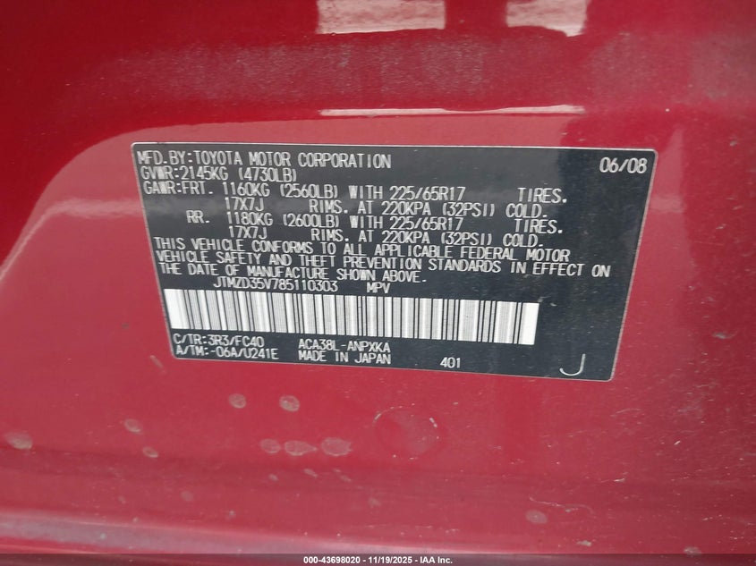 2008 Toyota Rav4 VIN: JTMZD35V785110303 Lot: 43698020