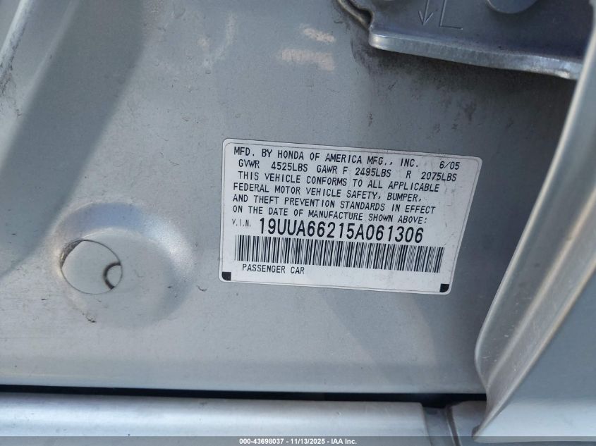 2005 Acura Tl VIN: 19UUA66215A061306 Lot: 43698037