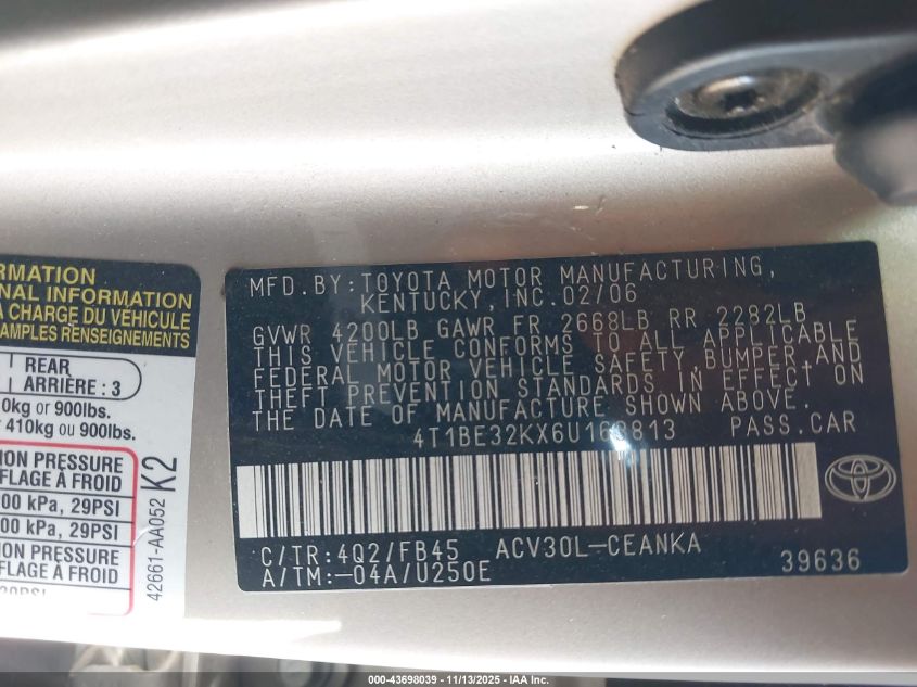 2006 Toyota Camry Le VIN: 4T1BE32KX6U163813 Lot: 43698039