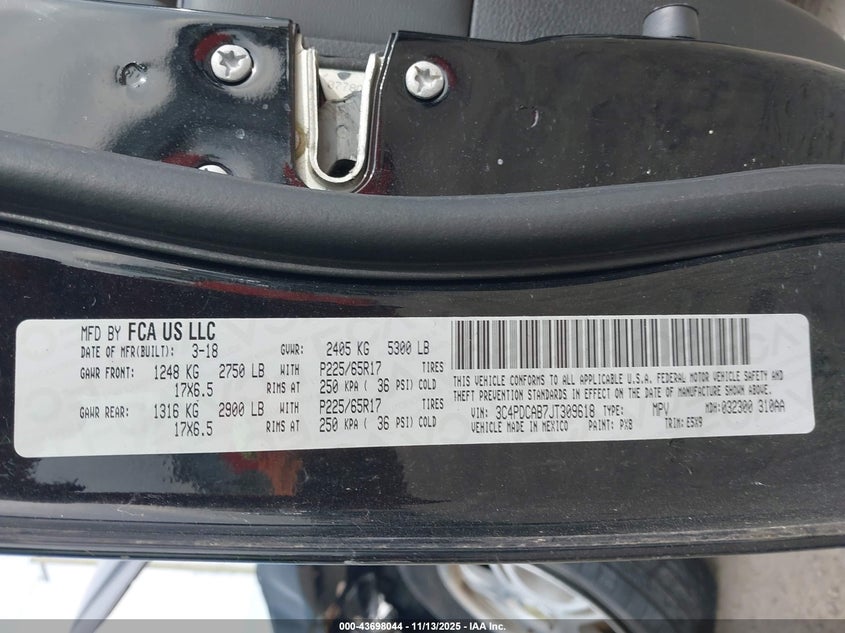 2018 Dodge Journey Se VIN: 3C4PDCAB7JT309618 Lot: 43698044