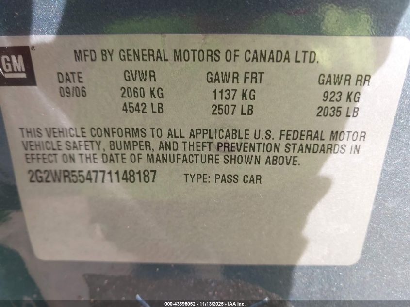 2007 Pontiac Grand Prix Gt VIN: 2G2WR554771148187 Lot: 43698052