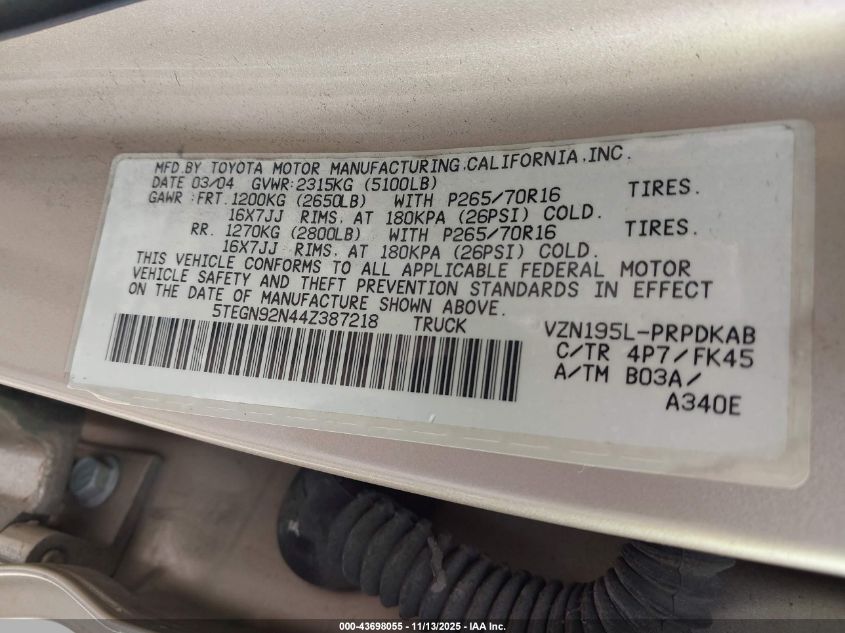 2004 Toyota Tacoma Prerunner V6 VIN: 5TEGN92N44Z387218 Lot: 43698055