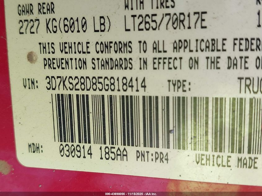 2005 Dodge Ram 2500 Slt/Laramie VIN: 3D7KS28D85G818414 Lot: 43698056