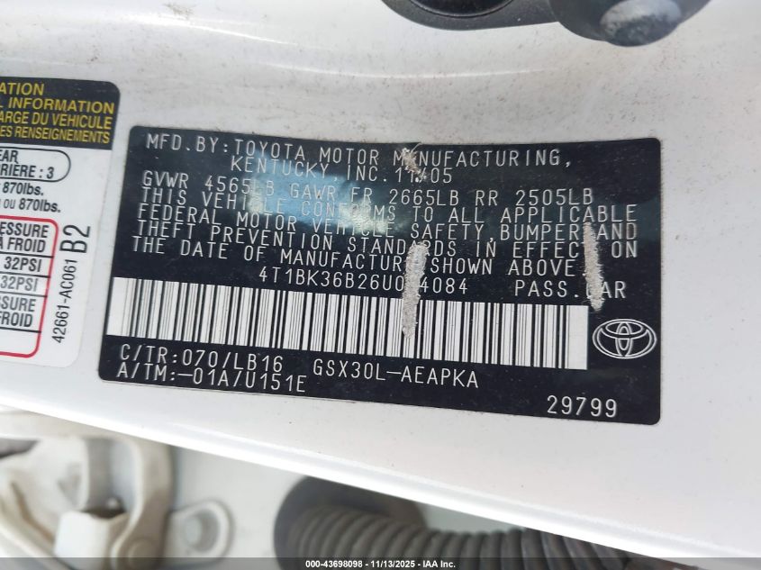 2006 Toyota Avalon Limited VIN: 4T1BK36B26U094084 Lot: 43698098