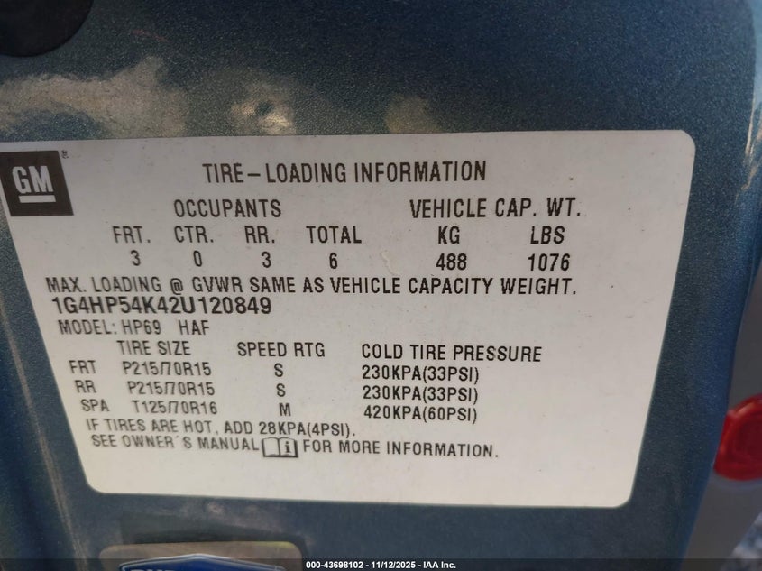 2002 Buick Lesabre Custom VIN: 1G4HP54K42U120849 Lot: 43698102