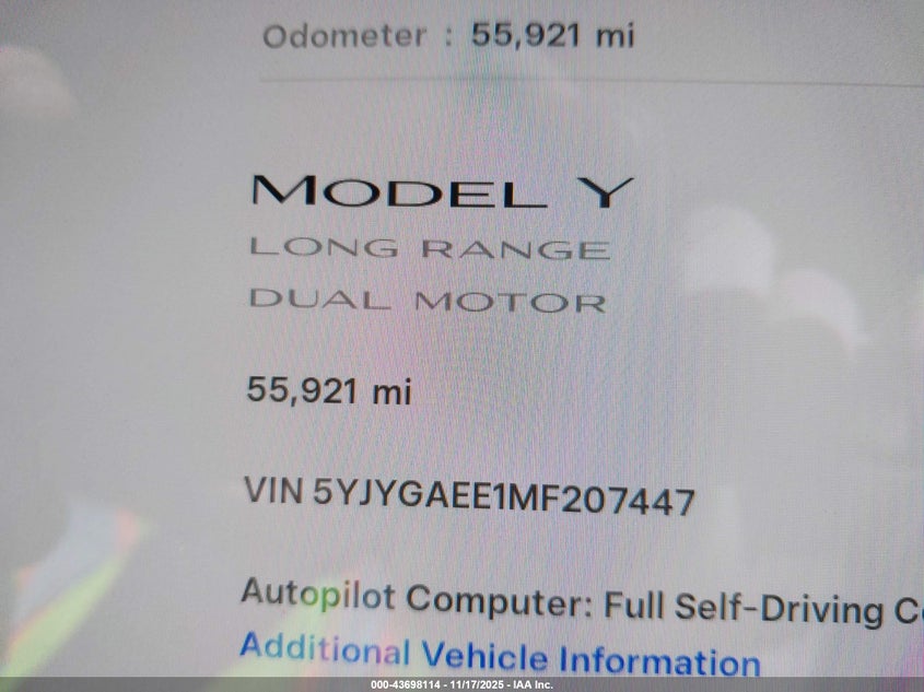 2021 Tesla Model Y Long Range Dual Motor All-Wheel Drive VIN: 5YJYGAEE1MF207447 Lot: 43698114