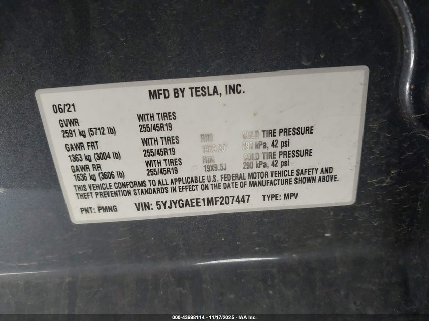 2021 Tesla Model Y Long Range Dual Motor All-Wheel Drive VIN: 5YJYGAEE1MF207447 Lot: 43698114