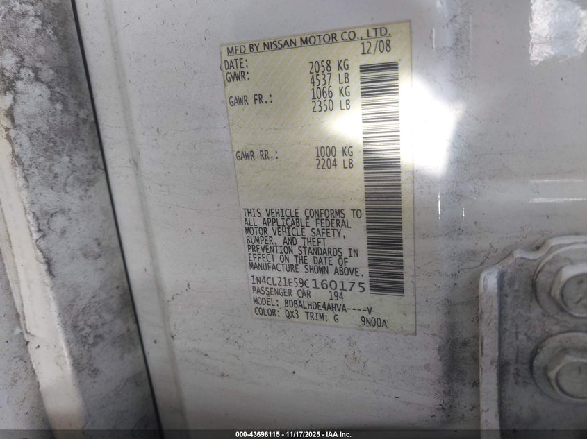 1N4CL21E59C160175 2009 NISSAN ALTIMA photo no. 9