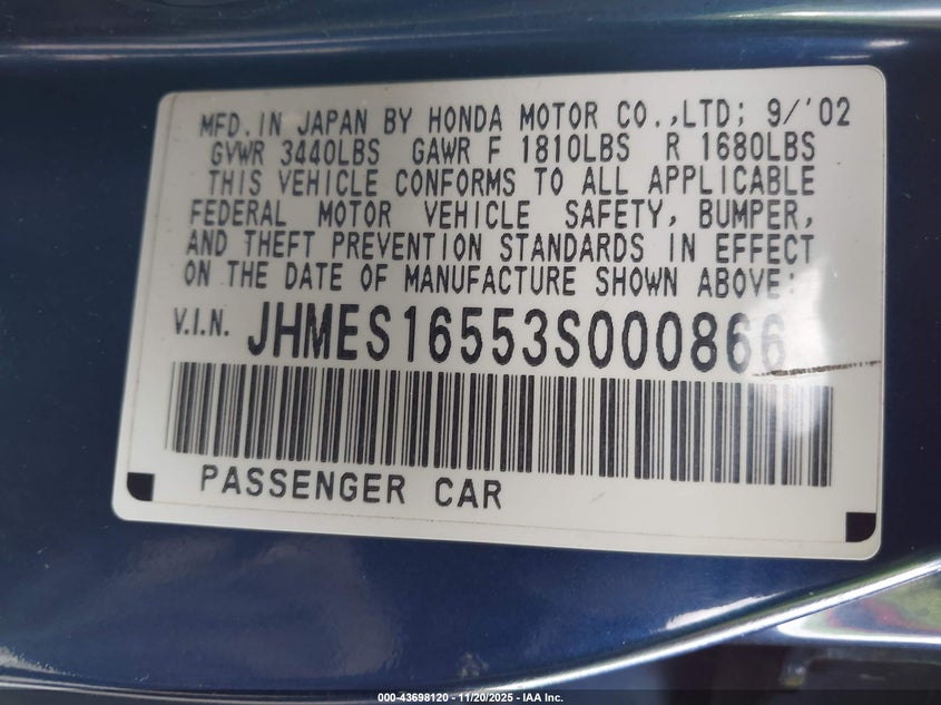 2003 Honda Civic Lx VIN: JHMES16553S000866 Lot: 43698120