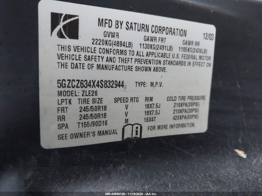 2004 Saturn Vue V6 VIN: 5GZCZ634X4S832944 Lot: 43698136