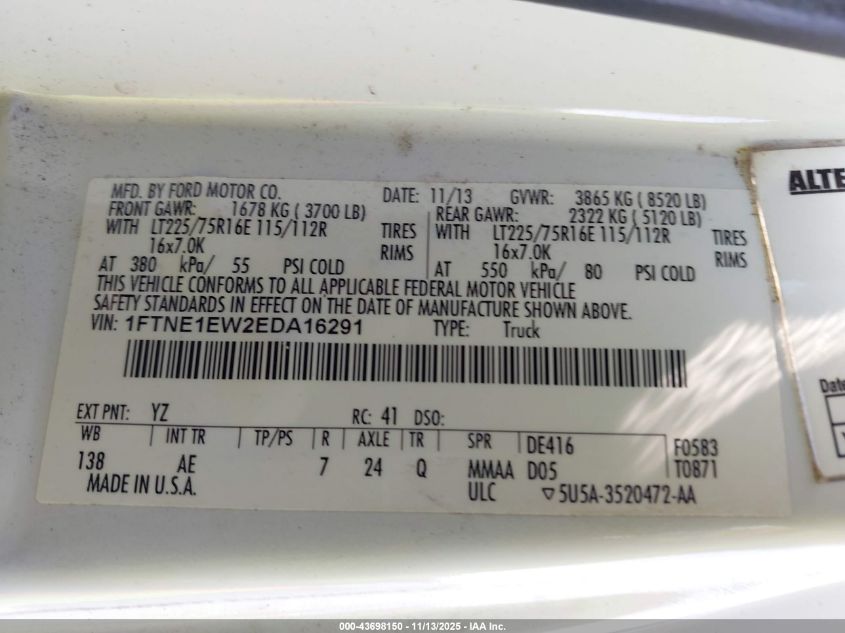 2014 Ford E-150 Commercial VIN: 1FTNE1EW2EDA16291 Lot: 43698150