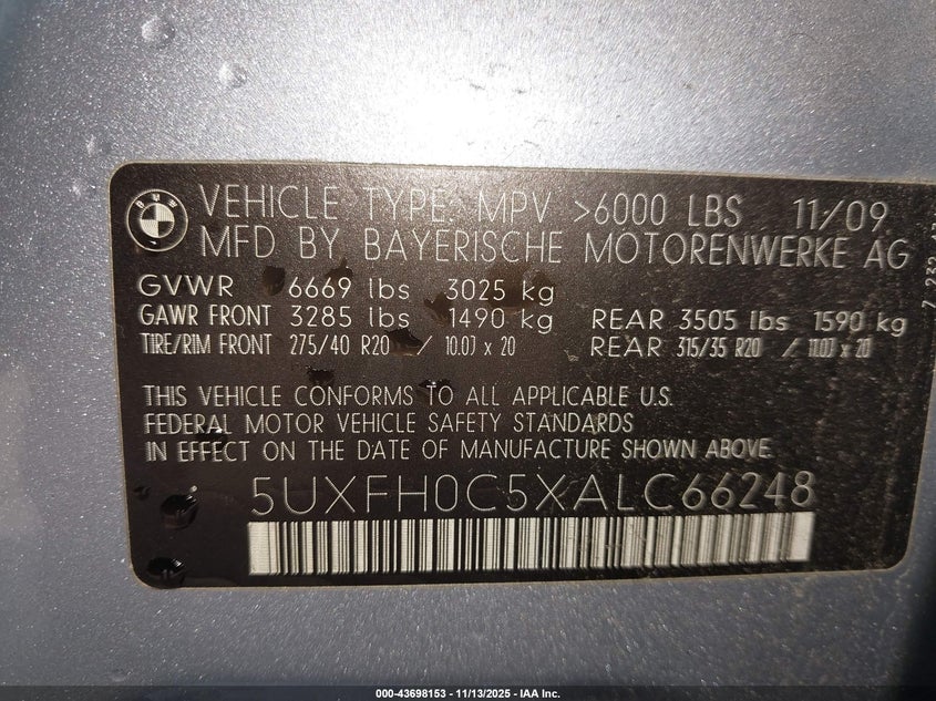 2010 BMW Activehybrid X6 VIN: 5UXFH0C5XALC66248 Lot: 43698153